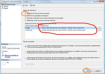Image dans options sur le côté gauche, sélectionner remplacer la base de données existante dans la liste des fichiers (encerclé en rouge), s'assurer que le chemin pointe vers les fichiers existants (mdf et ldf) si ce n'est pas le cas, changer le chemin à l'aide du bouton  appuyer sur ok pour lancer la restauration