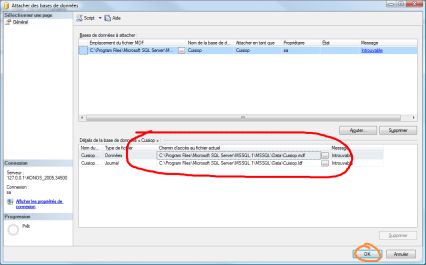 Image dans la liste des fichiers (encerclé en rouge), s'assurer que le chemin pointe vers les fichiers existants (mdf et ldf)appuyer sur ok